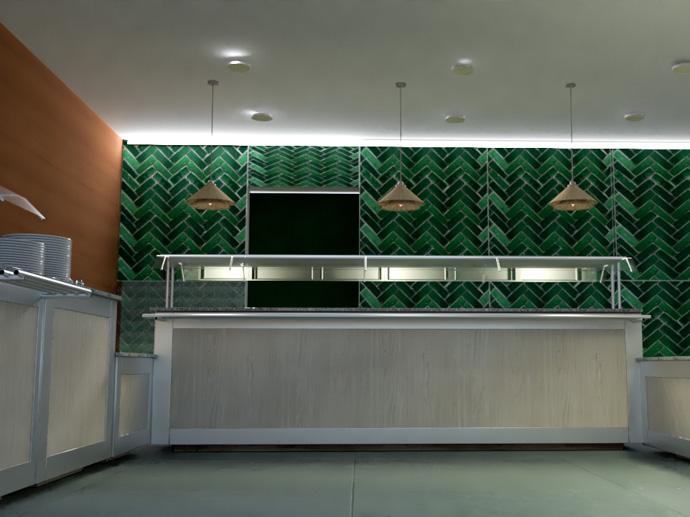 Habitación de restauración con paredes verdes, marrones y luces tenues